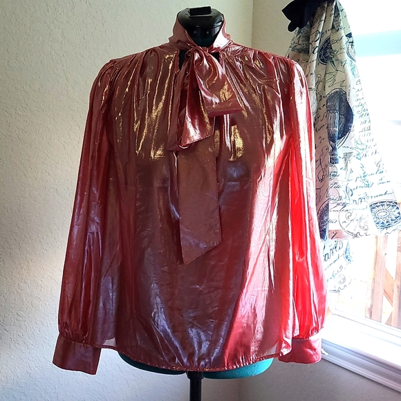 A LOVE STORY Prince Metallic Foil Glitter Puff Sleeve Red Blouse Size XL - Picture 2 of 8